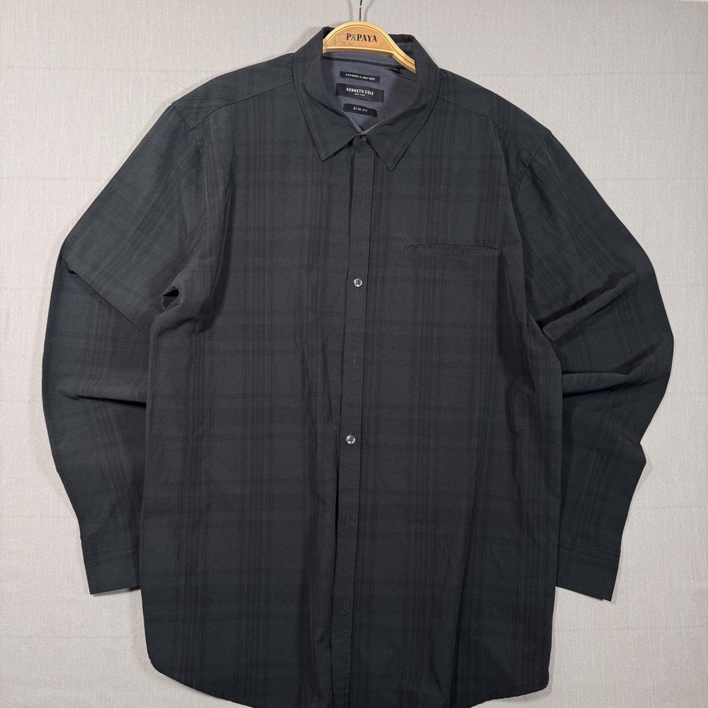 Kenneth Cole New York Slim Fit Plaid Button Down Shirt Mens XL Faded Black Tonal